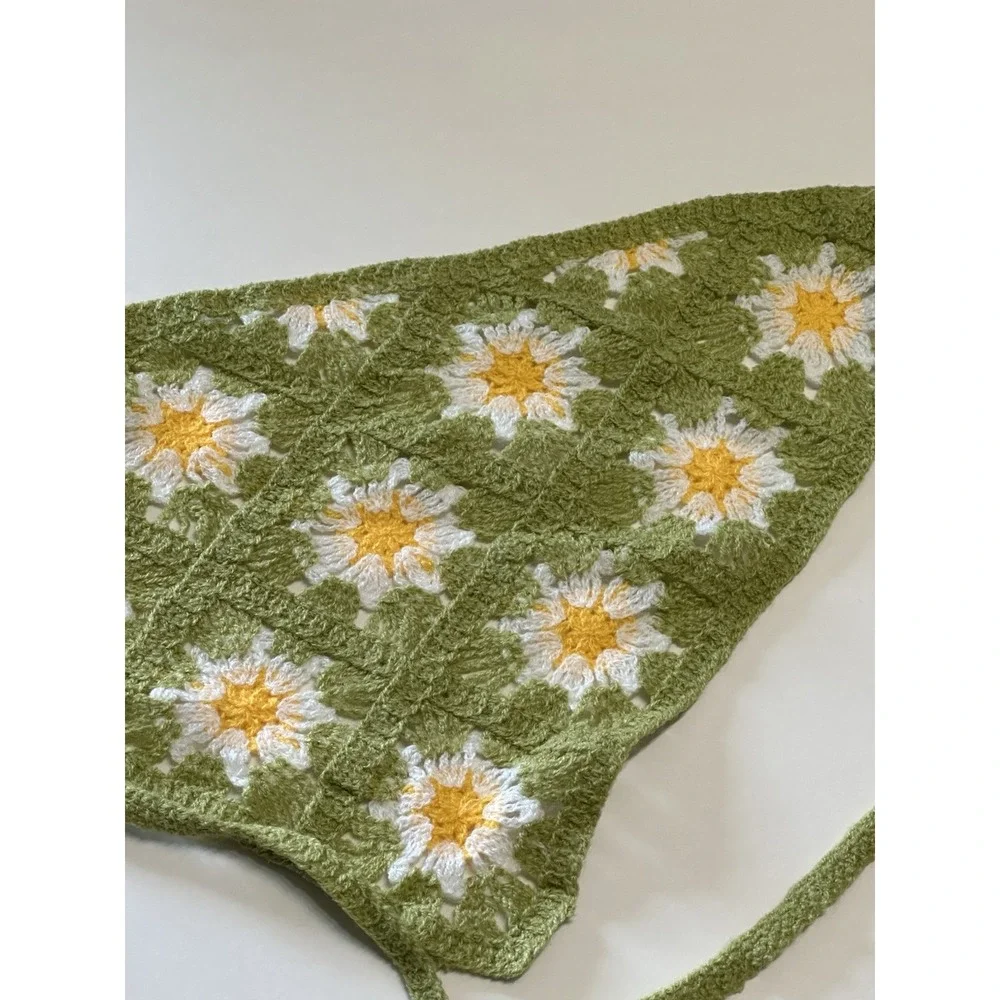 Crochet Daisy Hair Bandana Green Floral Headscarf Kerchief Cottagecore Boho Tie