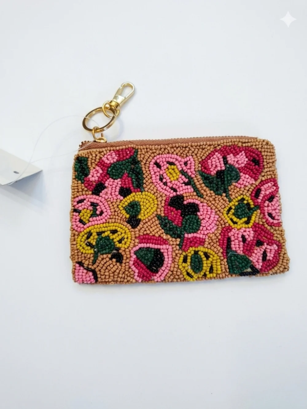 On 34th Beaded Floral Zip Coin Purse Keychain‎ - Pink & Tan Nwt