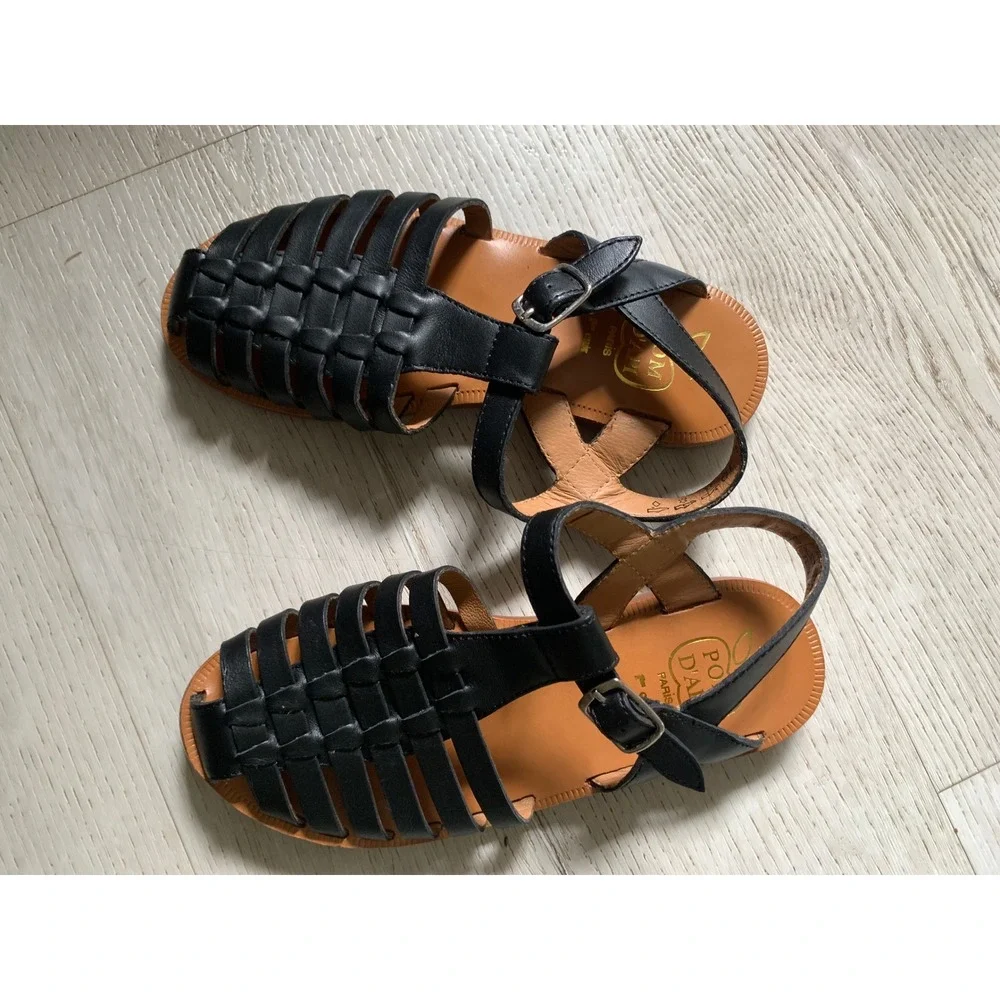Pom D'Api Paris‎ Kids Black Leather Fisherman Sandals Huarache Buckle Size 30