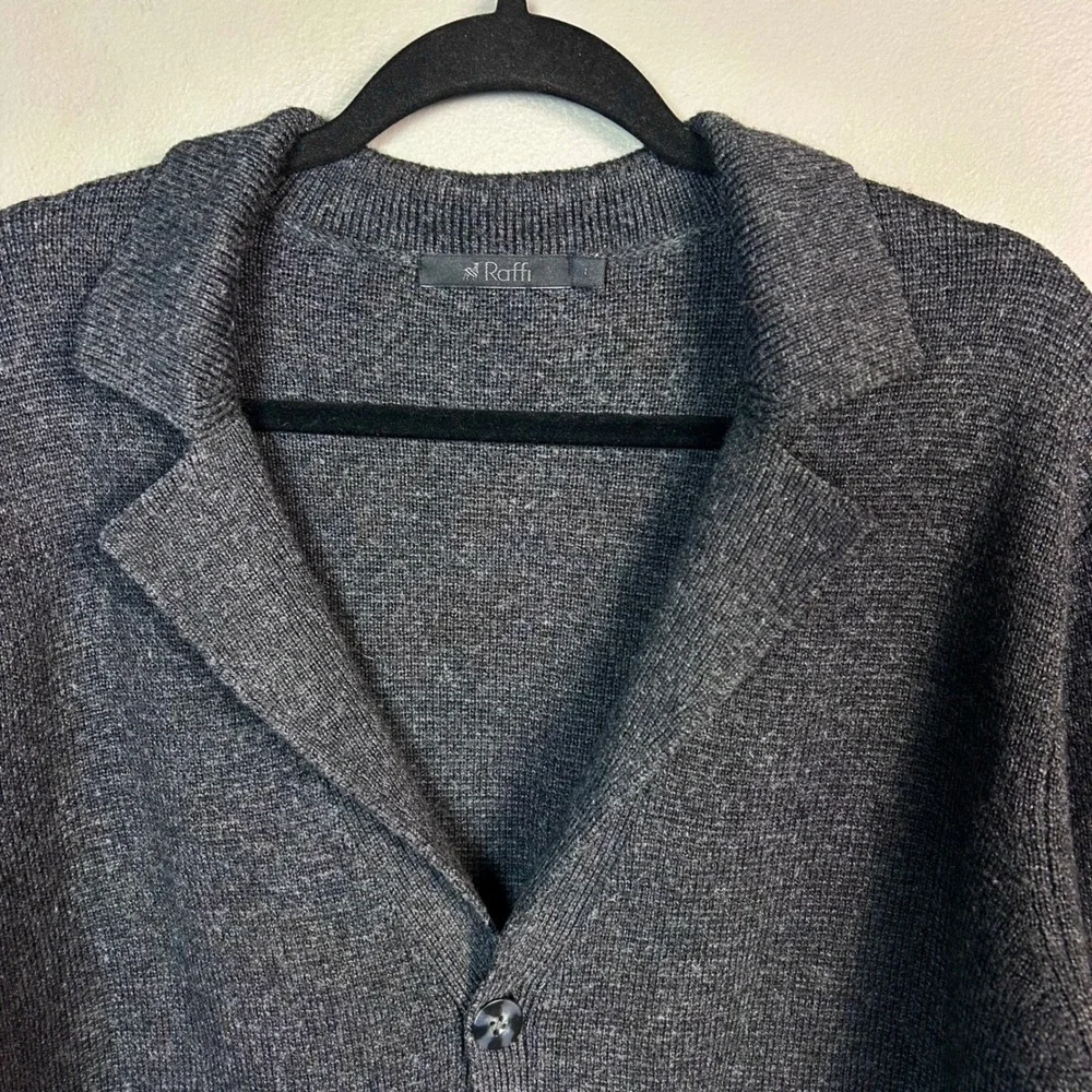 Raffi Knit Blazer Cardigan Men's Large Merino Wool Charcoal Grey Collar Pockets‎