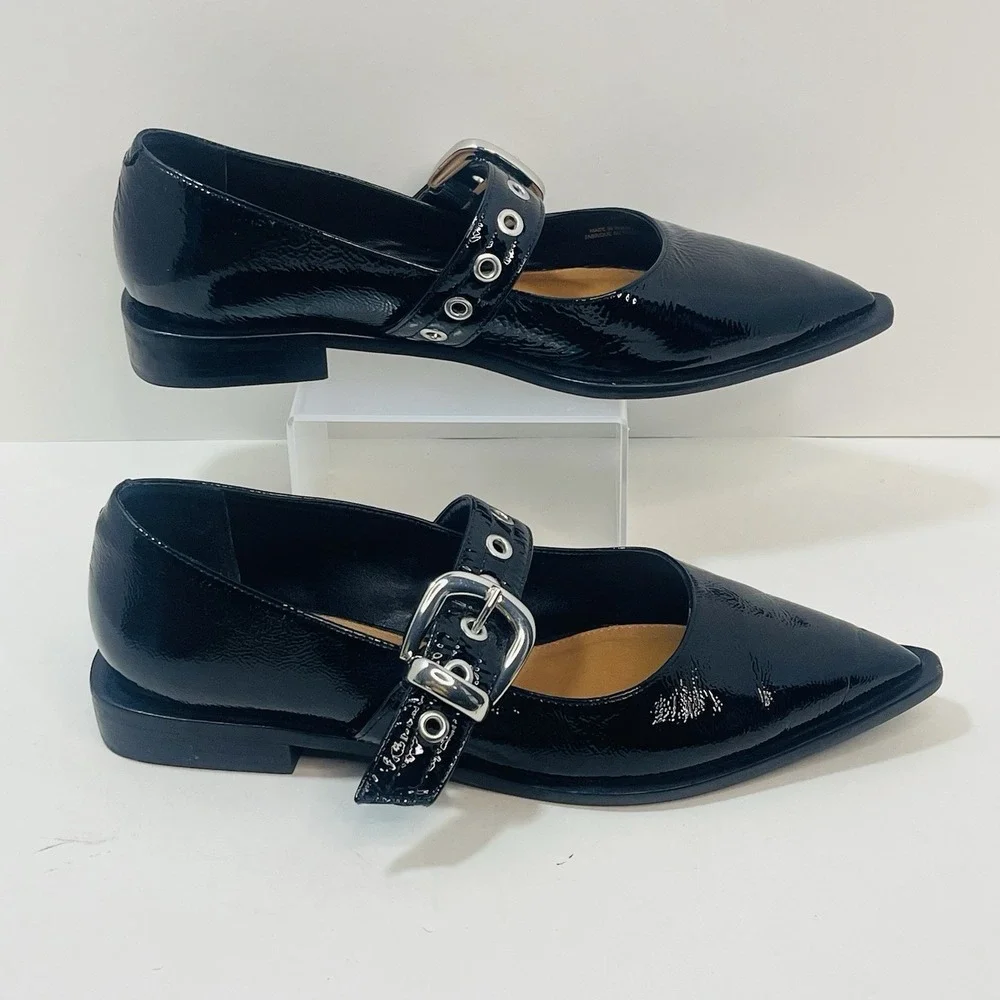 Maeve Pointed-Toe‎ Moto Mary Jane Flats Black Patent Leather – Size 40  US 9-9.5