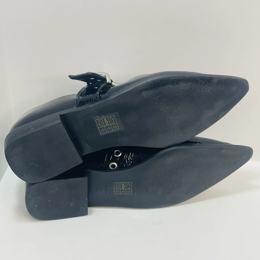 Maeve Pointed-Toe‎ Moto Mary Jane Flats Black Patent Leather – Size 40  US 9-9.5