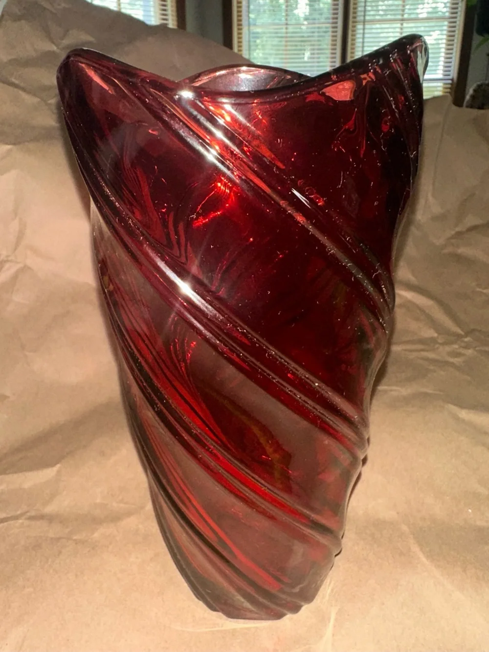 Beautiful Handblown Red Swirl Glass Vase - Decorative Home Accent