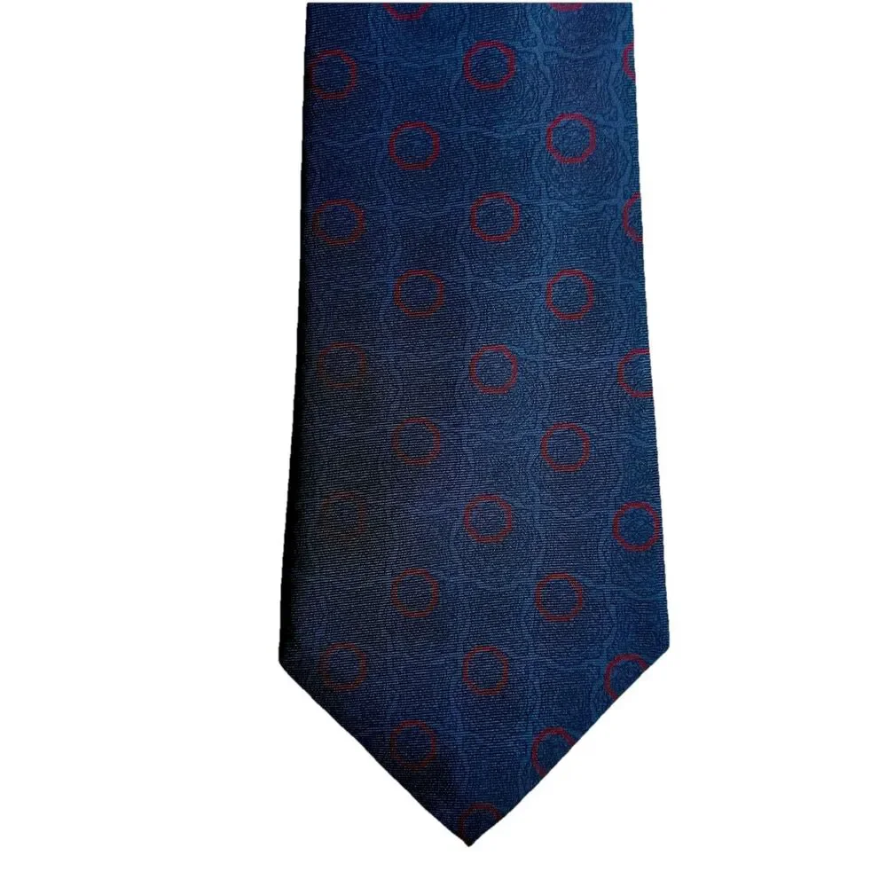 YVES SAINT LAURENT Men's Silk Tie -Dark Blue w/Red Circles Geometric 54.5
