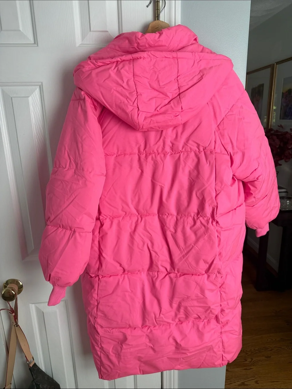 Long Pink Hooded Puffer Coat