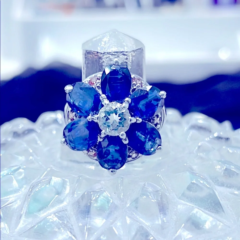 6x1.5ct Genuine Sapphire Aquamarine 14KGP Ring