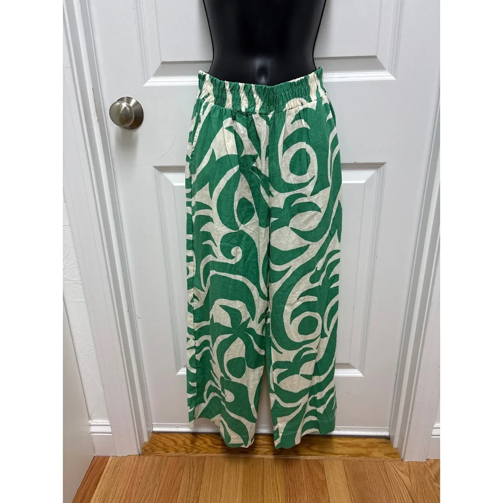 Green & White Abstract Wide Leg Elastic Waistband Lightweight Linen - Size XS