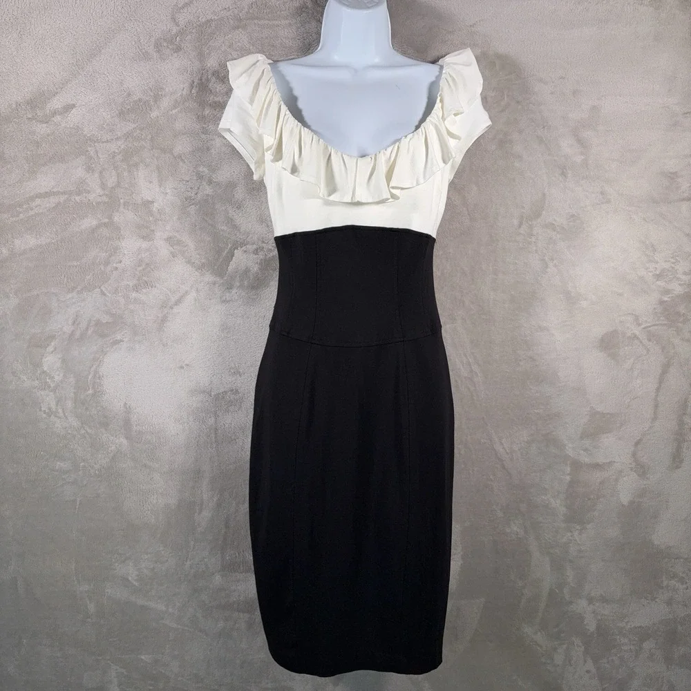 CACHE Dress Womens Size 6 White Black Colorblock‎ Ruffle Sheath Cocktail