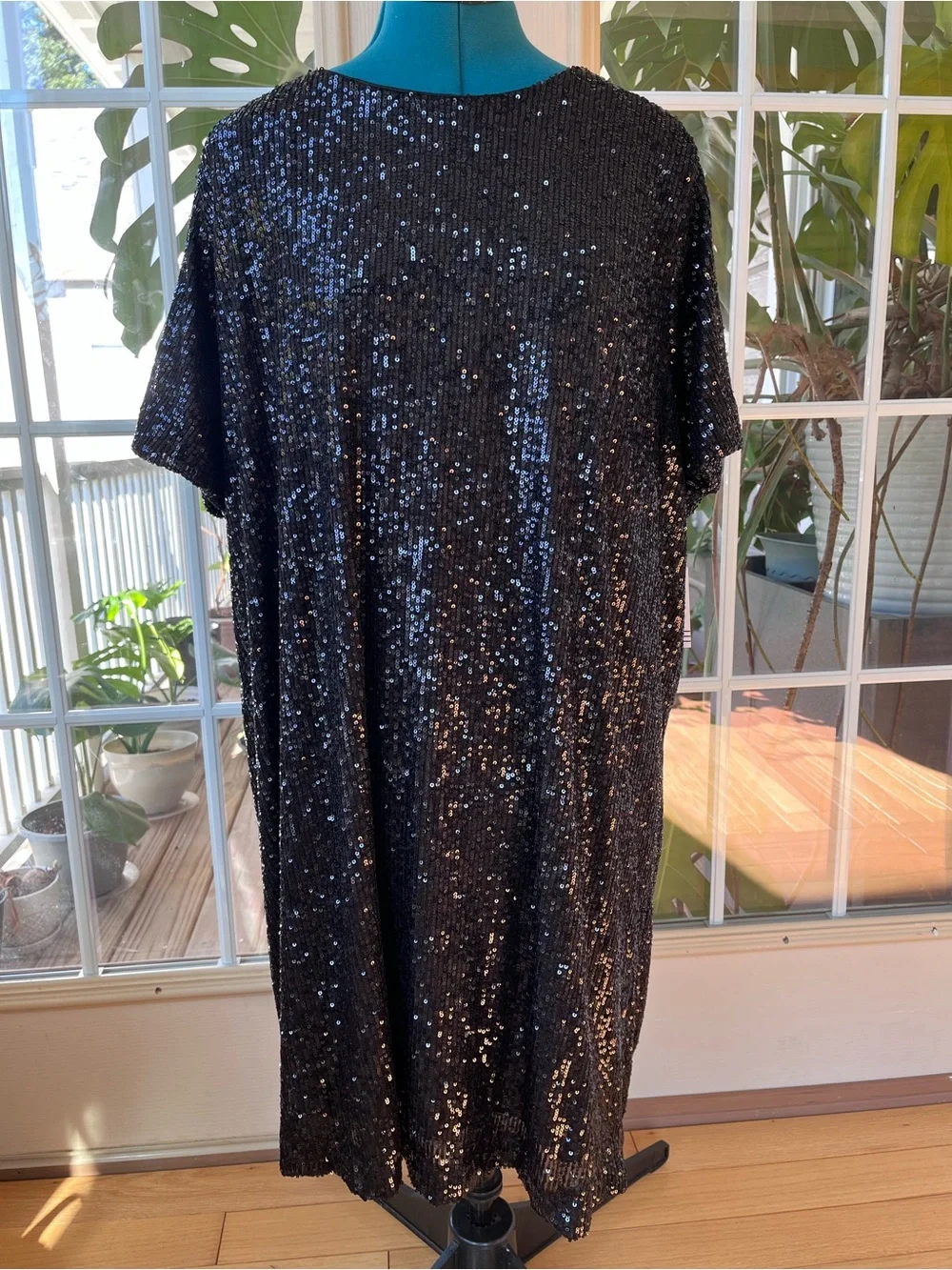 Ophelia Roe Black Sequin Midi Dress with Short Sleeves