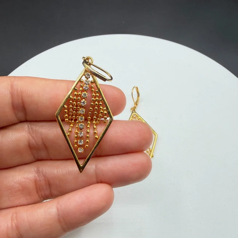 Gold Tone Rhinestone Diamond Shape Dangle Earrings Beaded Fringe Statement Party