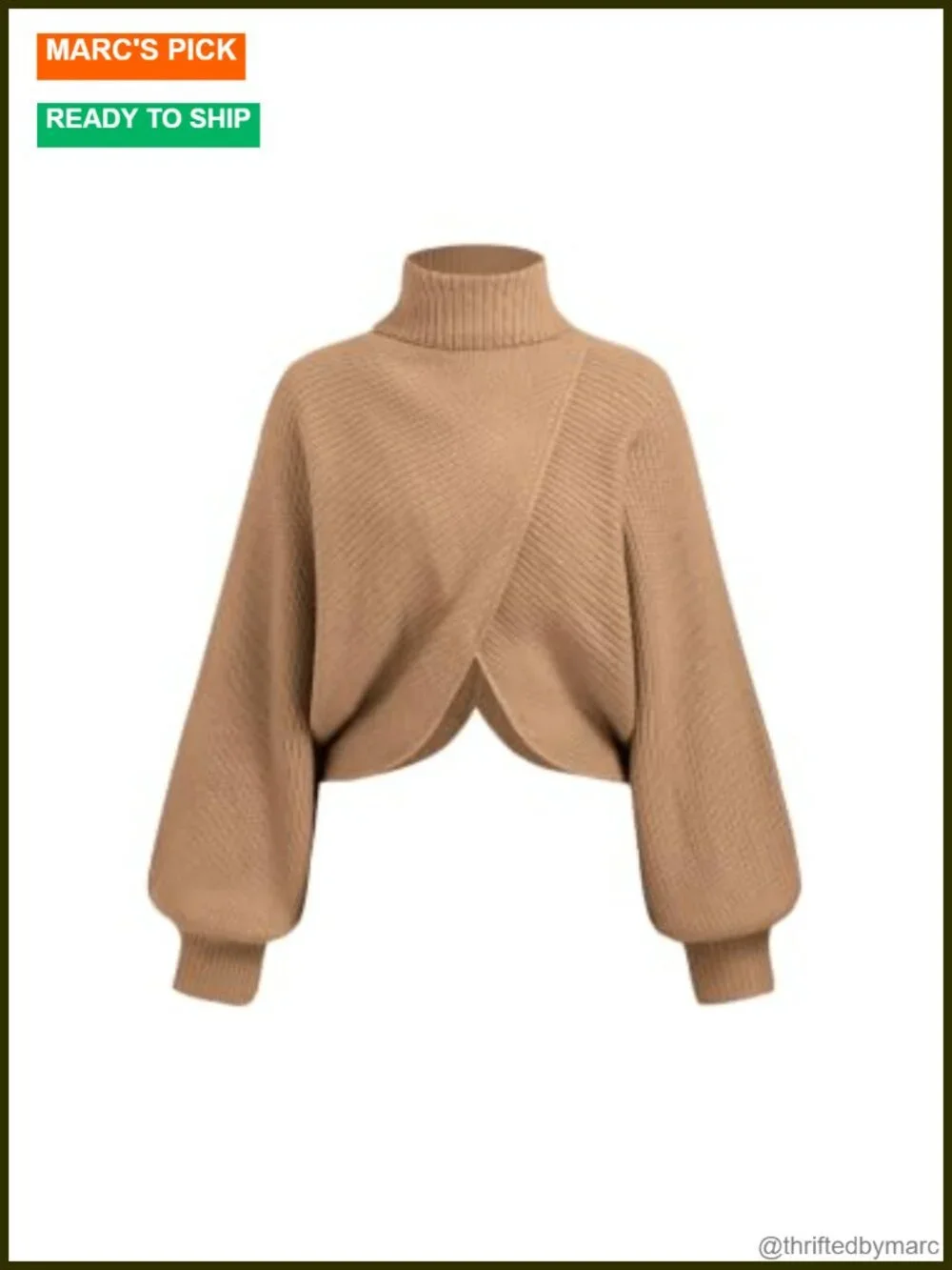 Womens Cropped Turtleneck Sweater Lantern Sleeve High Neck Knit Pullover