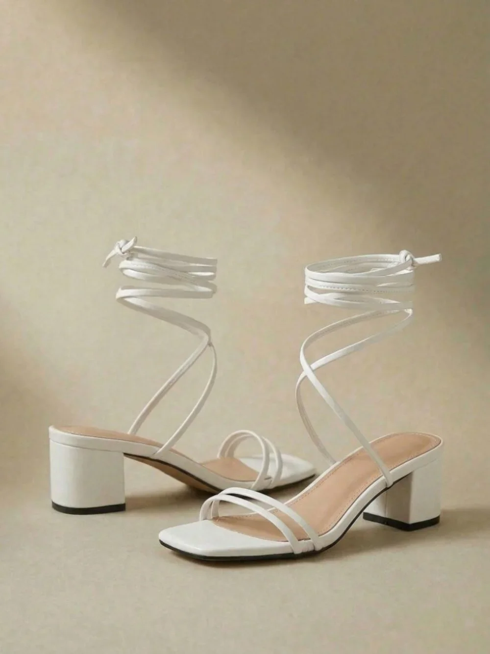 White Strappy Lace-Up Block Heel Sandals