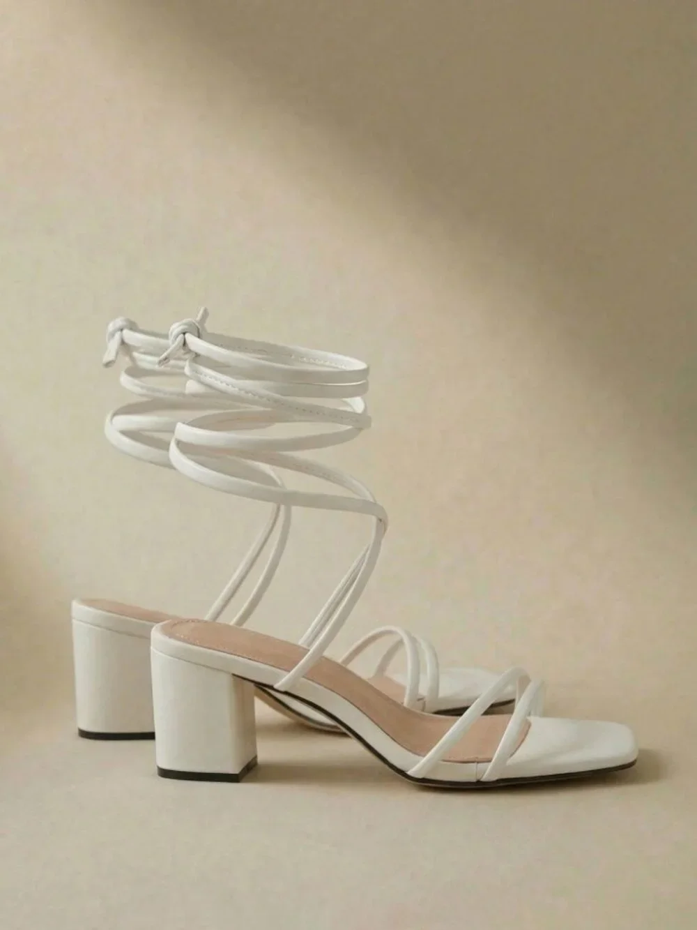 White Strappy Lace-Up Block Heel Sandals