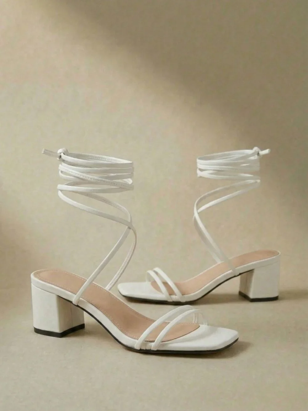 White Strappy Lace-Up Block Heel Sandals