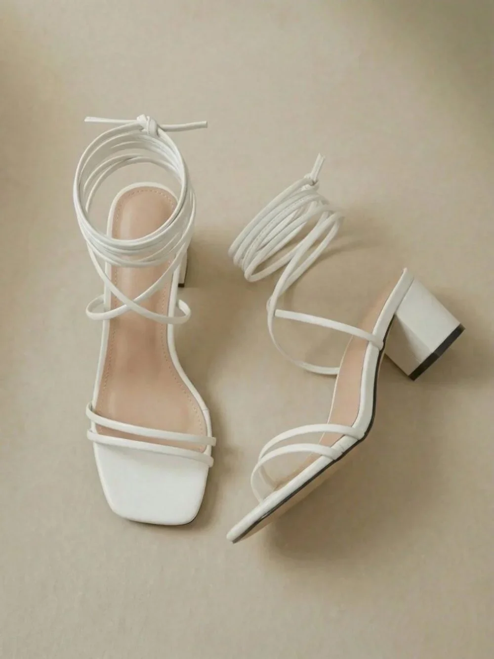 White Strappy Lace-Up Block Heel Sandals