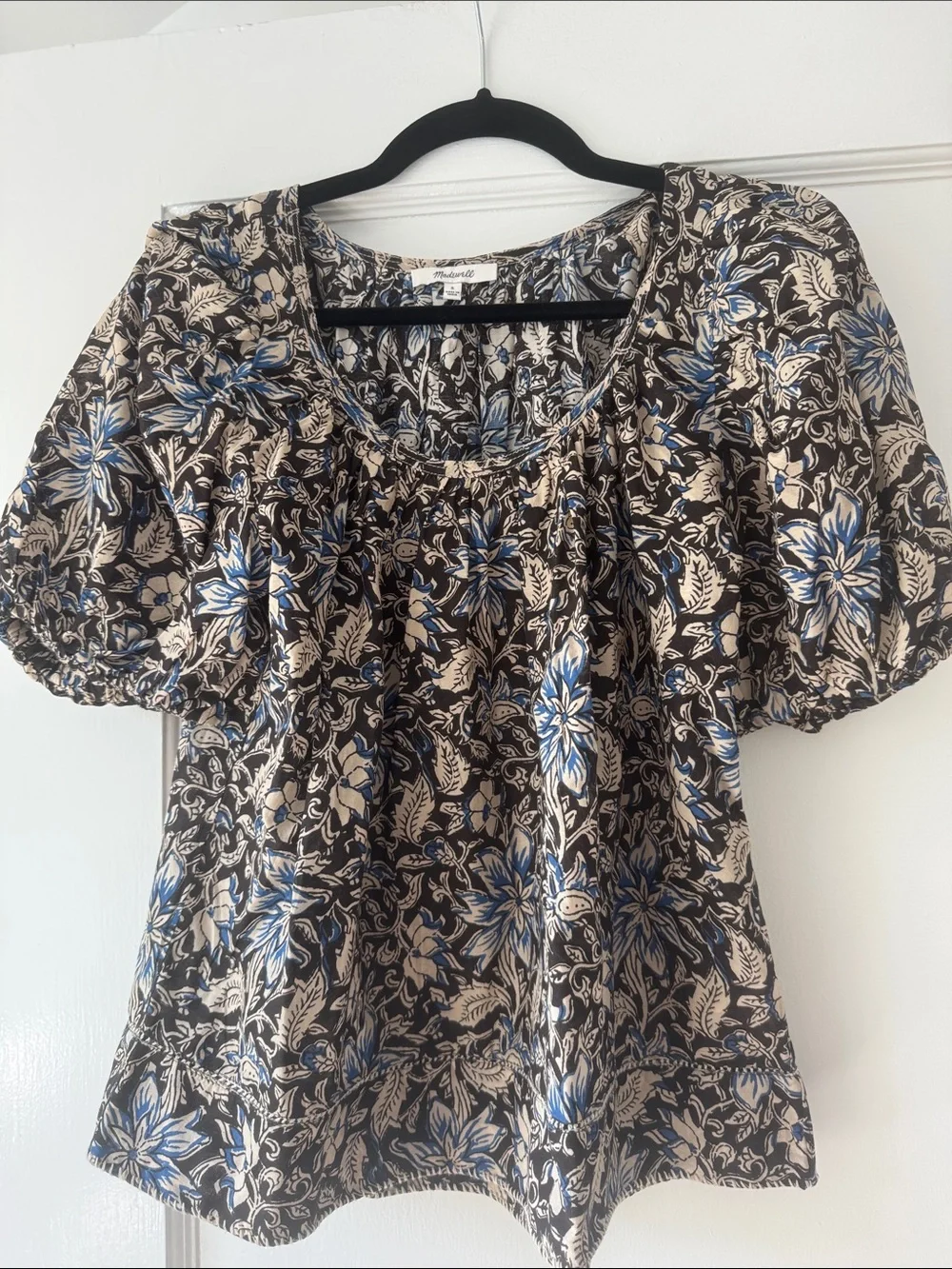 Madewell Floral Puff-Sleeve Women’s Top in Black, Cream & Blue size S