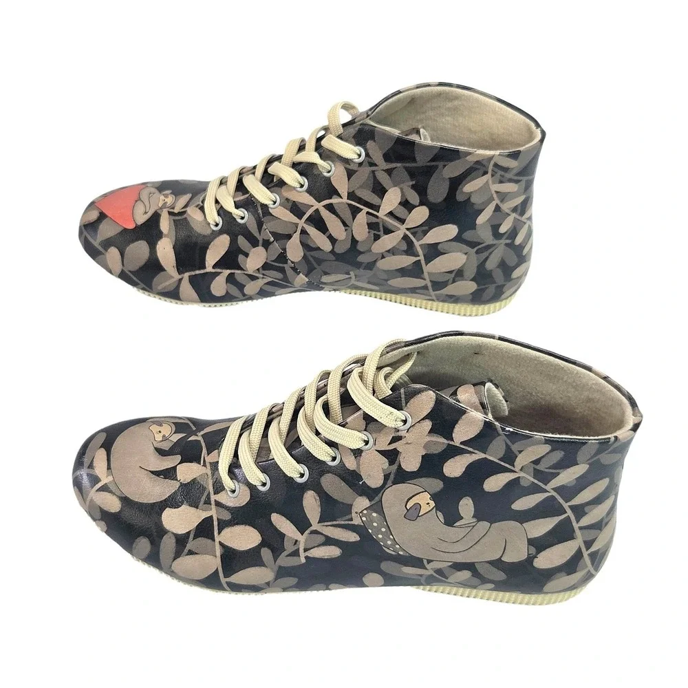 DOGO Women Sloth Print Ankle Boots EU 39 US 8.5 Vegan Leather Lace Up New Shoes