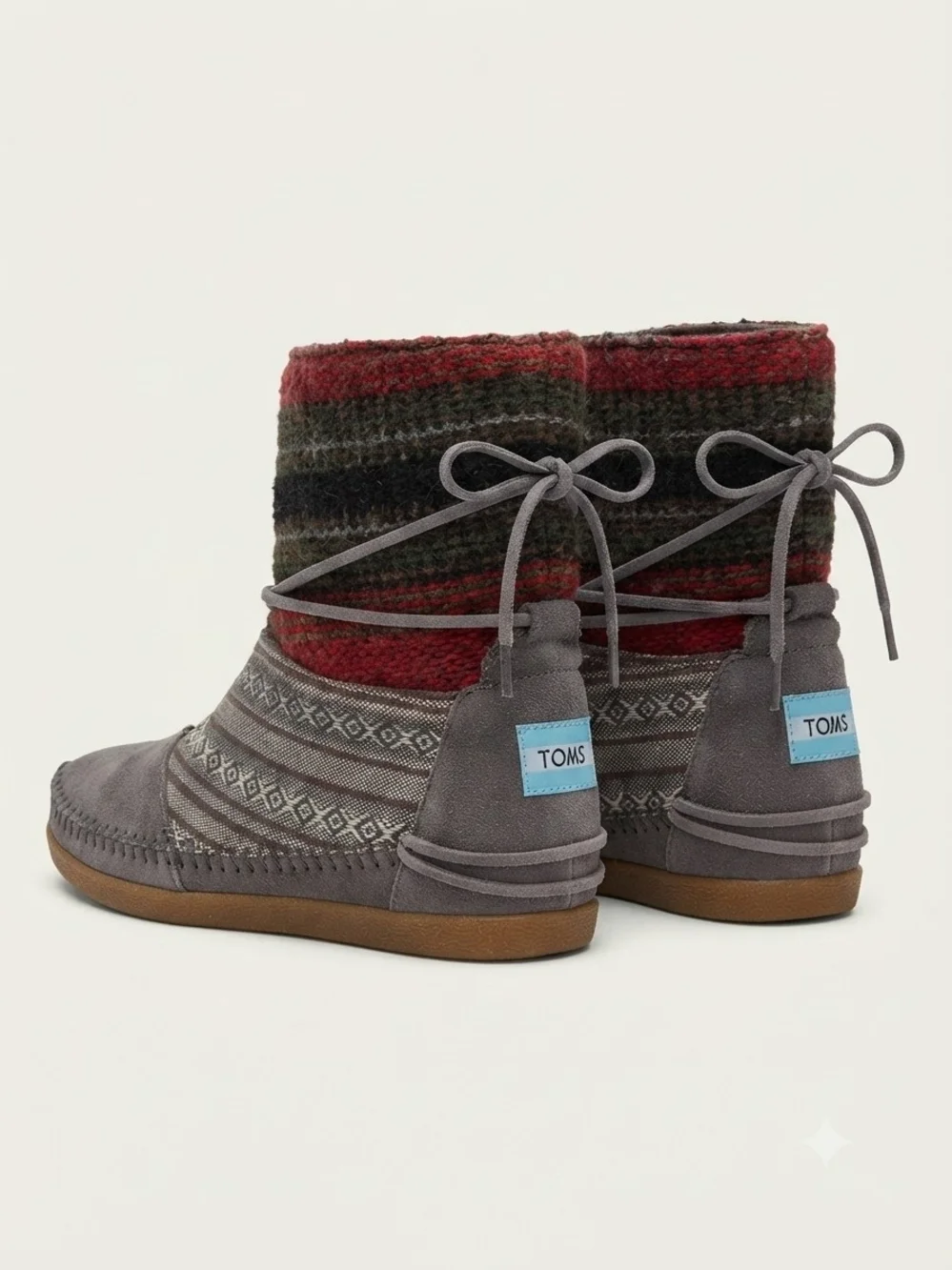 TOMS Gray Suede Booties with Red & Green Knit Shaft