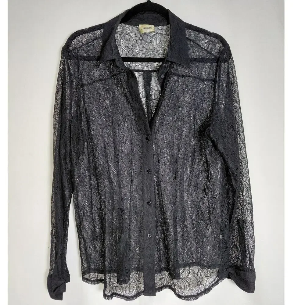 Chico's Sheer Floral Lace Long Sleeve Button Blouse Women See Measurements