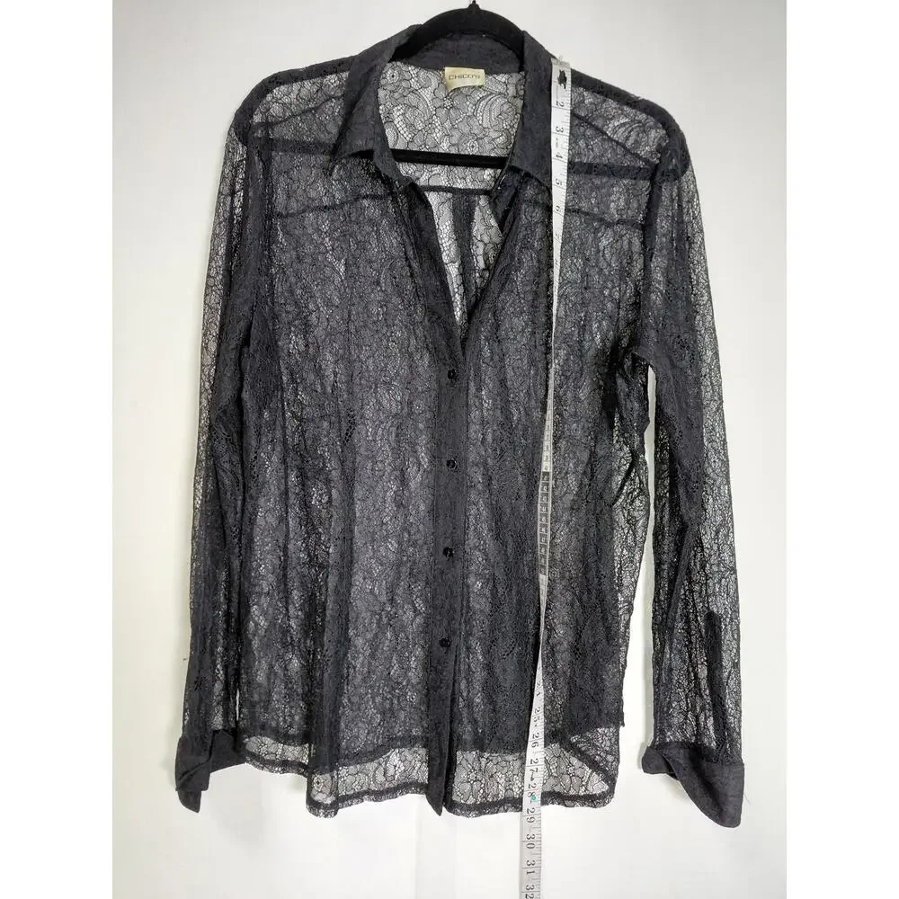 Chico's Sheer Floral Lace Long Sleeve Button Blouse Women See Measurements