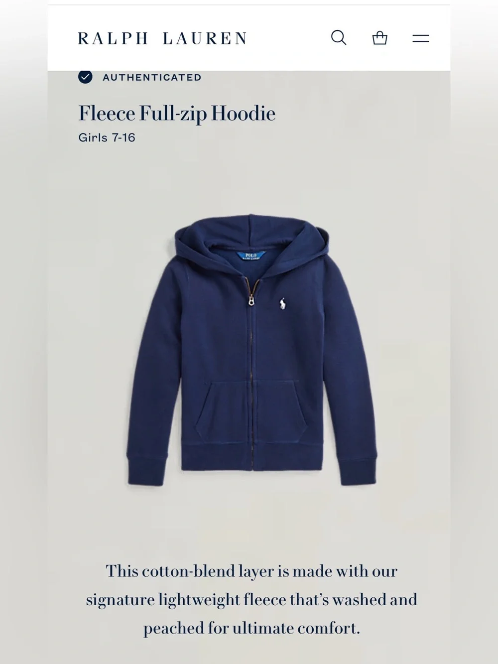 Polo by Ralph Lauren Girls Navy Fleece Filk-Zip Hoodie sz 8-10