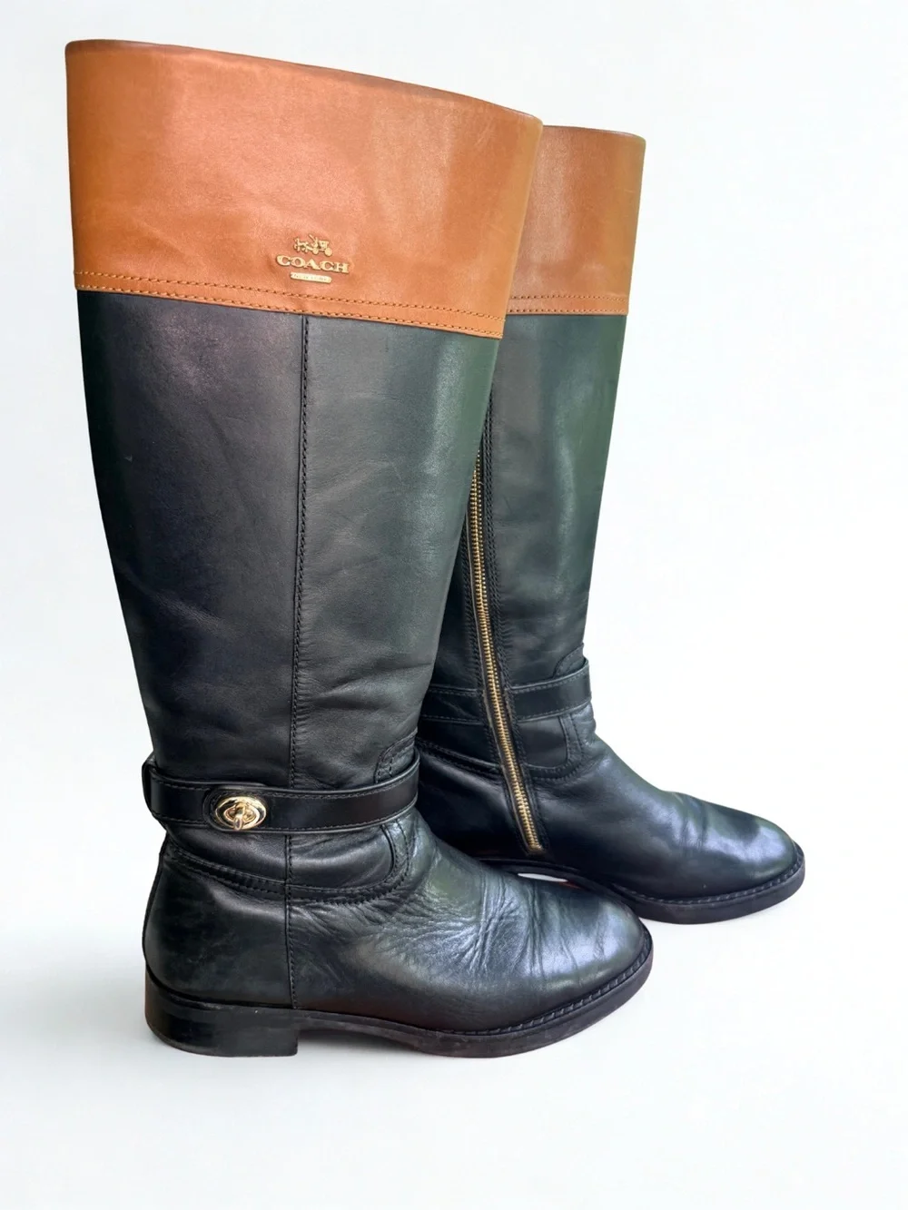 Coach Eva Mat Calf Two Tone Leather Riding Boots Black Saddle Brown 8.5 w/ box