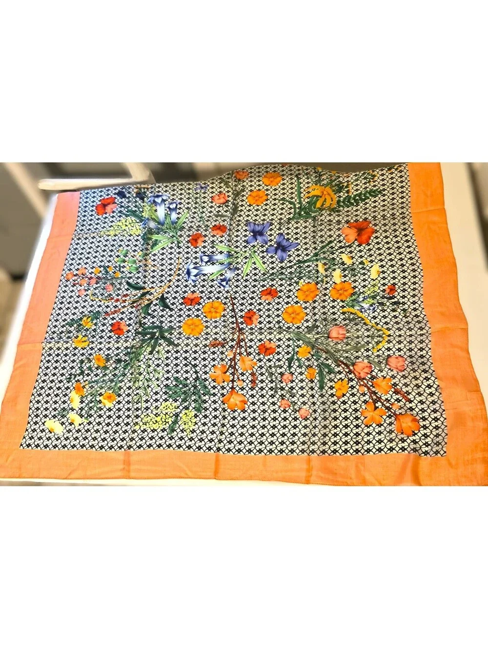 NWT Anthropologie Maeve Flora Silk Square Scarf Orange Geometric Botanical 36