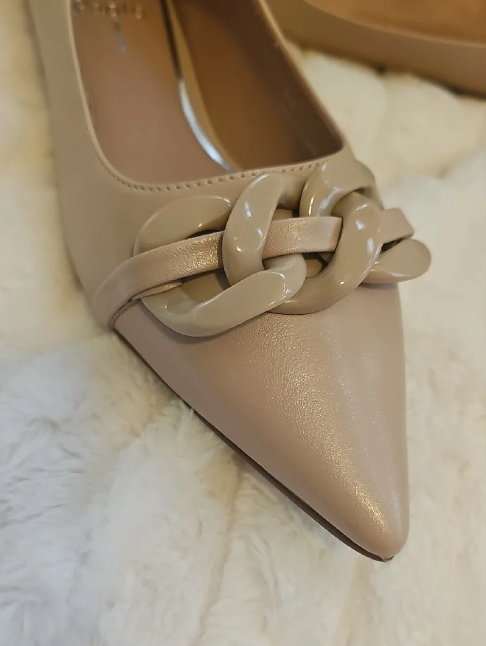 Paolo Women's Taupe Pointed Toe Nappa Leather Flats with Chain Accent
