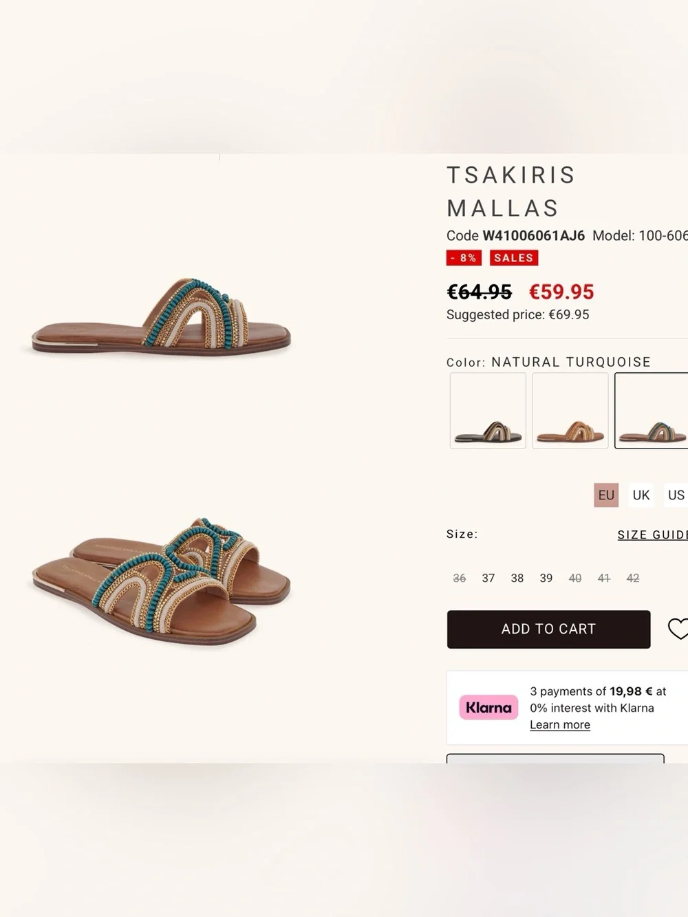 Tsakiris Mallas Greek Leather Flat Sandals Turquoise Beaded EU 41 US 10.5 NIB