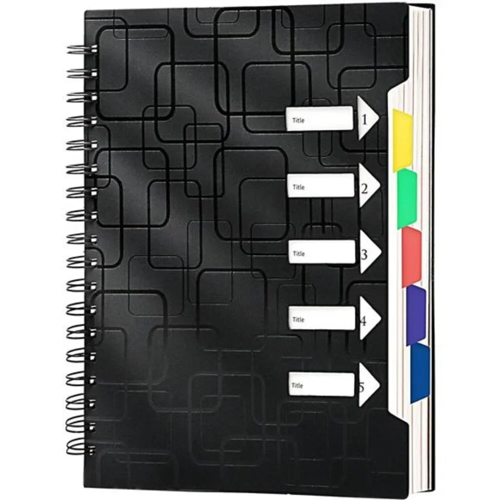 5 Subject College-Ruled Notebook, 240 Pages with Dividers, A5 Spiral, 5x7, Black
