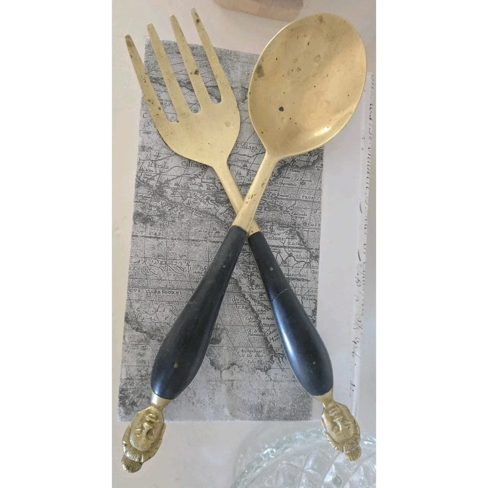 Antique Asian Woman - Brass & Teak Wood‎ Service Spoon & Fork - SZ L 12