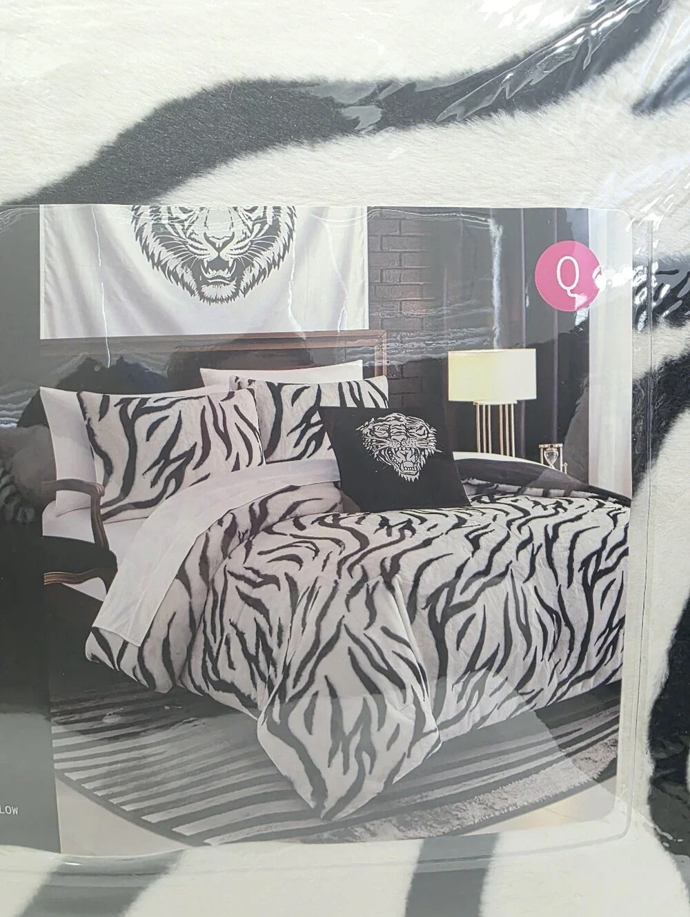 Ed Hardy QUEEN 4 piece Luxe Faux Fur Comforter Set Zebra Print New