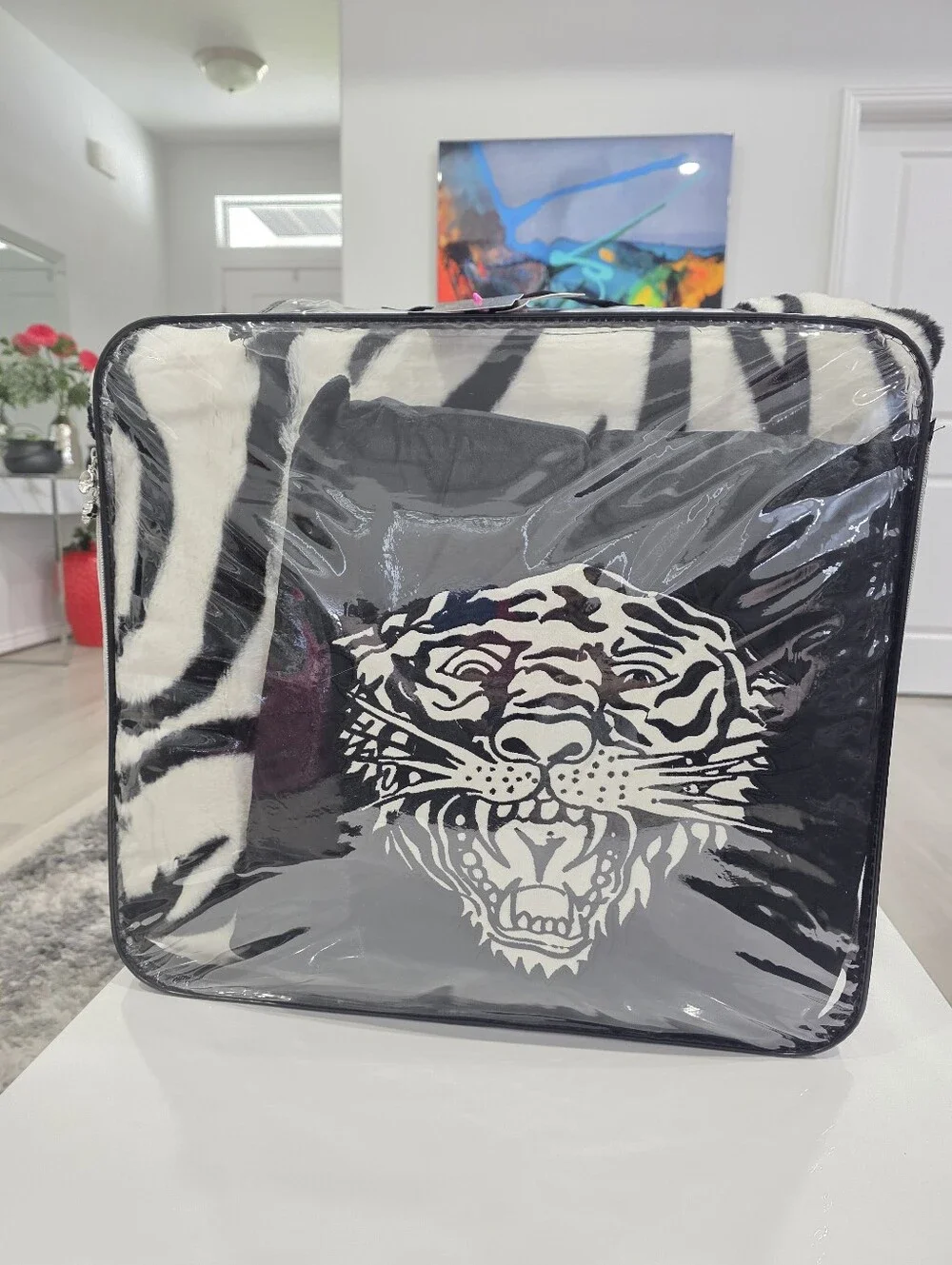 Ed Hardy QUEEN 4 piece Luxe Faux Fur Comforter Set Zebra Print New