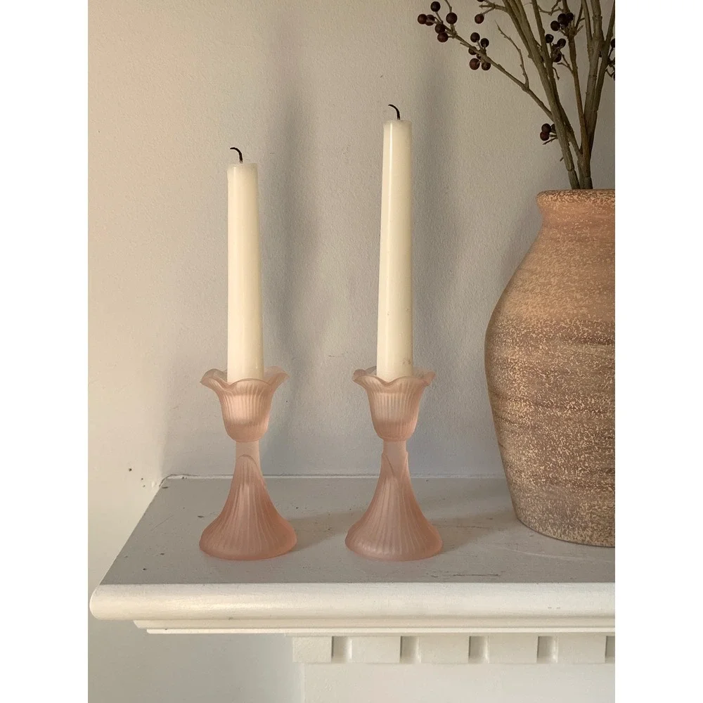 Vintage Frosted Pink Satin Glass Taper Candle Holders Set of 2 Ribbed Tulip 4.5