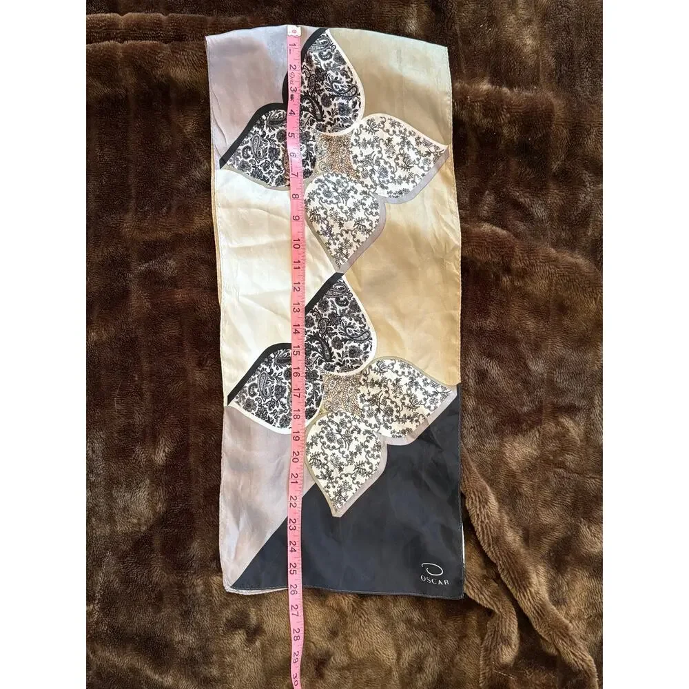 Oscar‎ de la Renta Scarf Womens Neutral Black Silk Paisley Floral Excellent