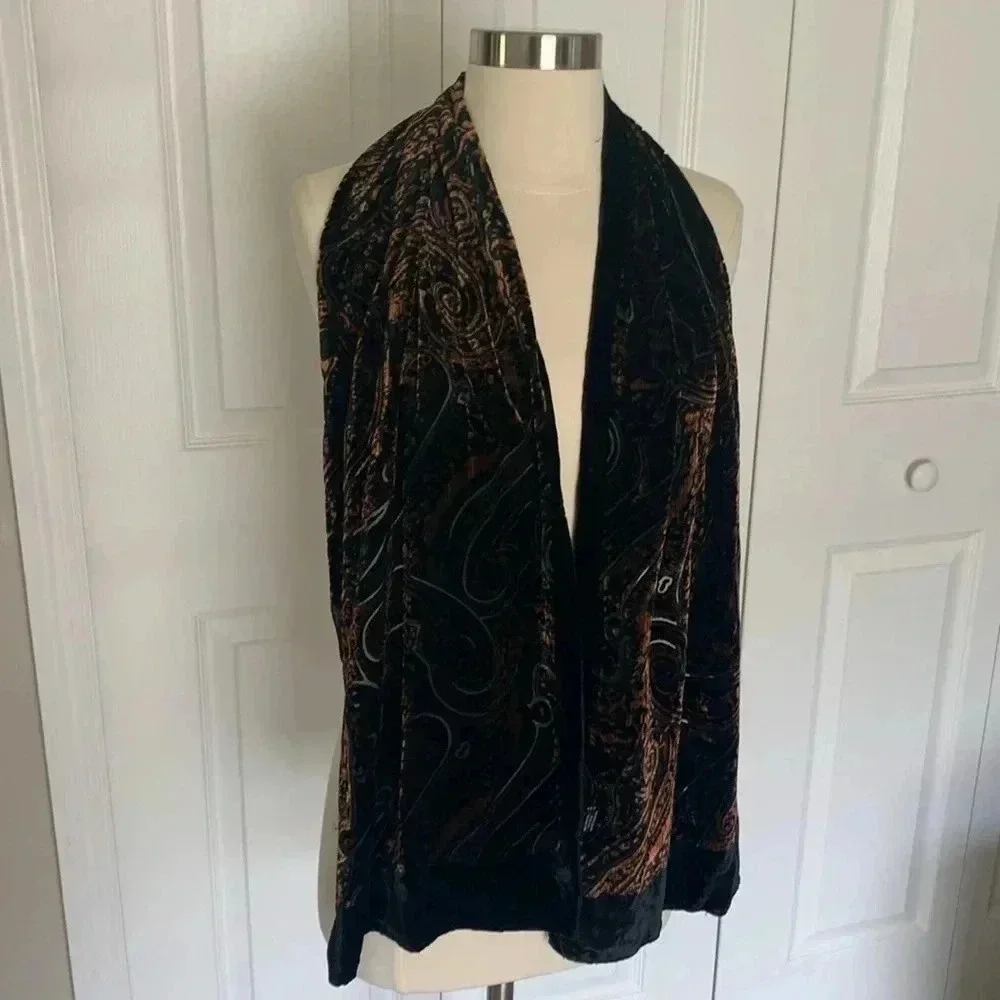 Velvet scarf- black and orange paisley print