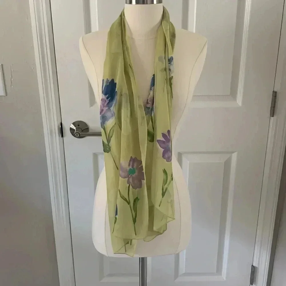 Echo silk scarf lime, green with blue and purple floral print