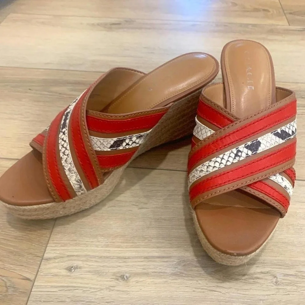 Coach Leather Espadrille‎ Wedge Sandals Orange & Snakeskin Size 9