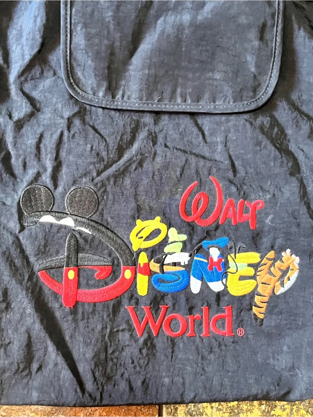 Vintage Disney Black Drawstring Backpack with Embroidery