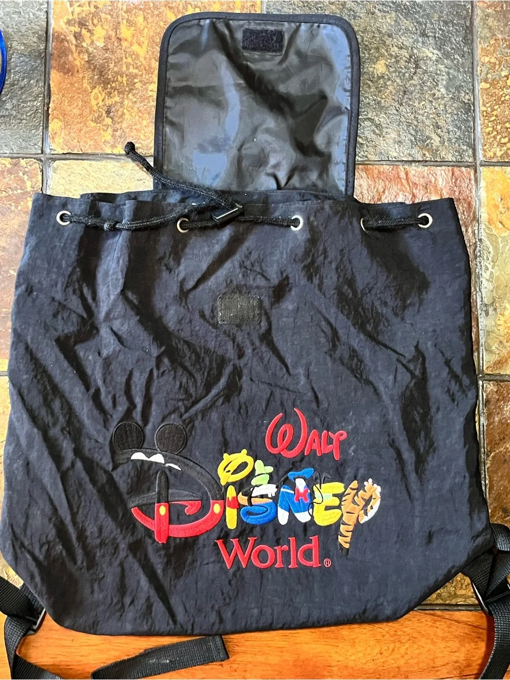Vintage Disney Black Drawstring Backpack with Embroidery