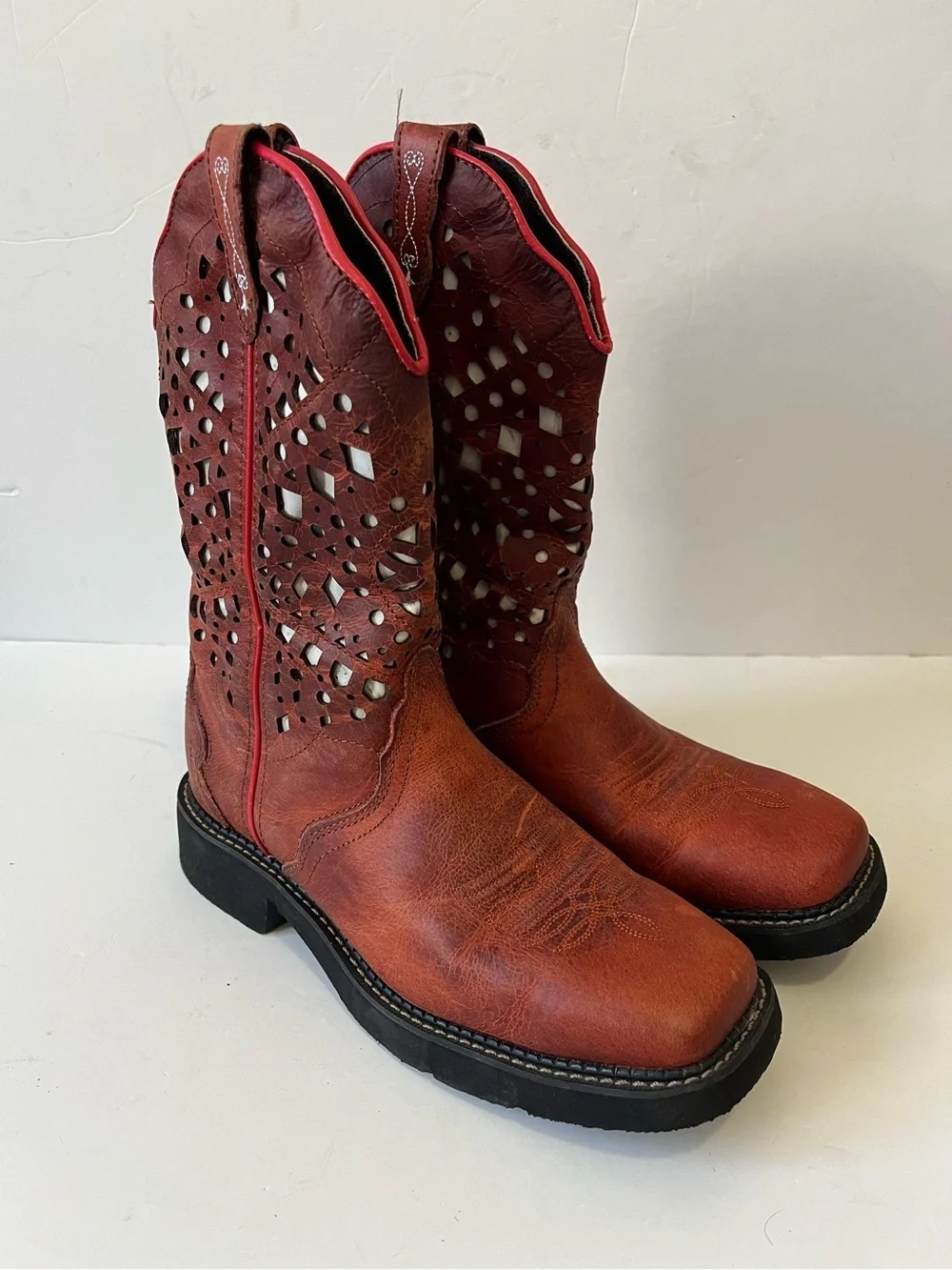 Justin Leather Western Cowboy Boots Women's Red Brown Size 9.5B
