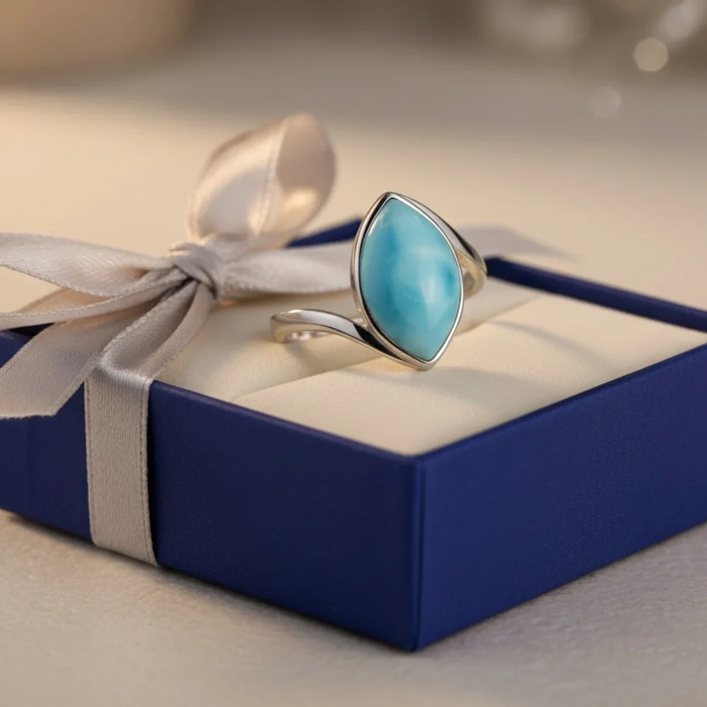 Womens Sterling Silver .925 Larimar Marquise‎ Design Ring Natural Stone