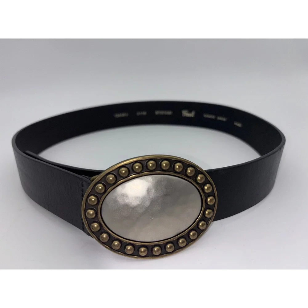 FOSSIL‎ Black Leather Belt Women's Big Buckle Western Boho Hammered Southwestern