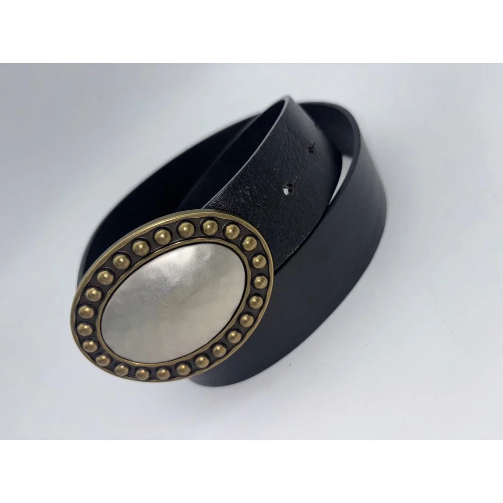 FOSSIL‎ Black Leather Belt Women's Big Buckle Western Boho Hammered Southwestern