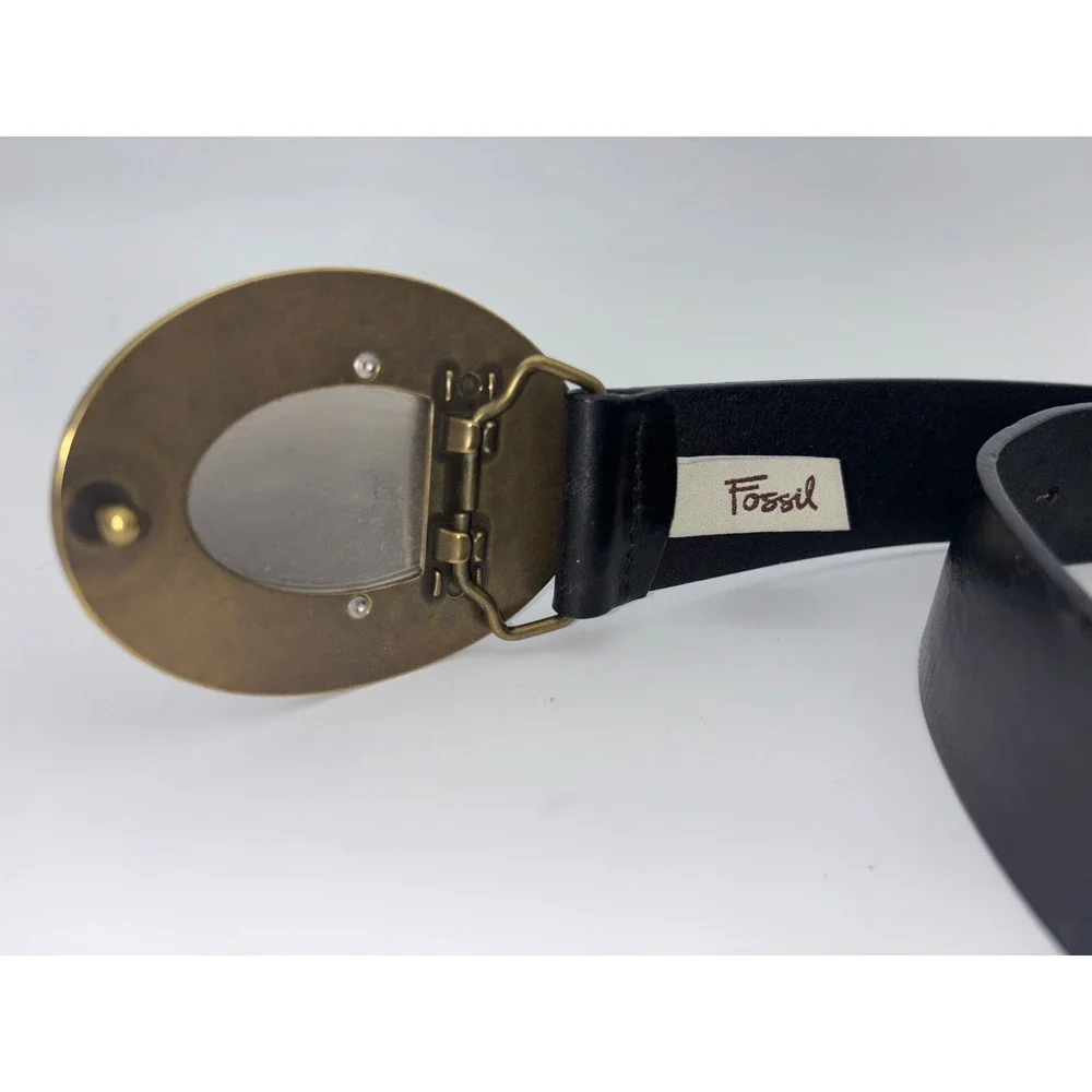 FOSSIL‎ Black Leather Belt Women's Big Buckle Western Boho Hammered Southwestern