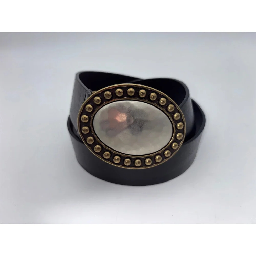 FOSSIL‎ Black Leather Belt Women's Big Buckle Western Boho Hammered Southwestern