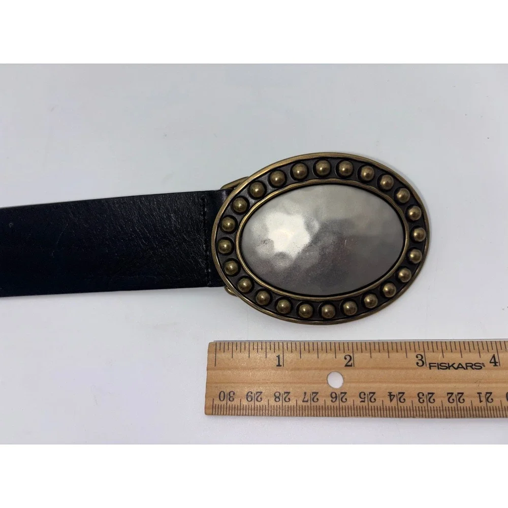 FOSSIL‎ Black Leather Belt Women's Big Buckle Western Boho Hammered Southwestern