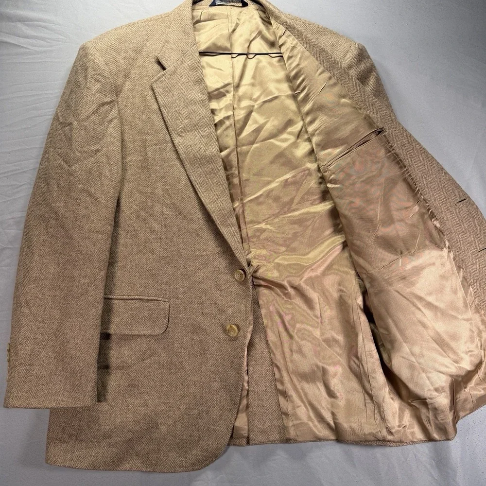Vintage Lands End Blazer Mens 44R Brown Lambswool Two Button Tweed Herringbone