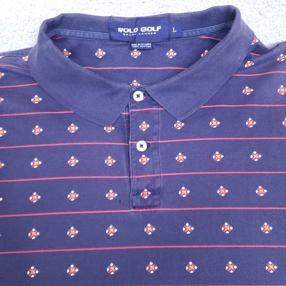 Polo Ralph‎ Lauren Golf Polo Shirt Mens Large Crest Shield Geometric Striped