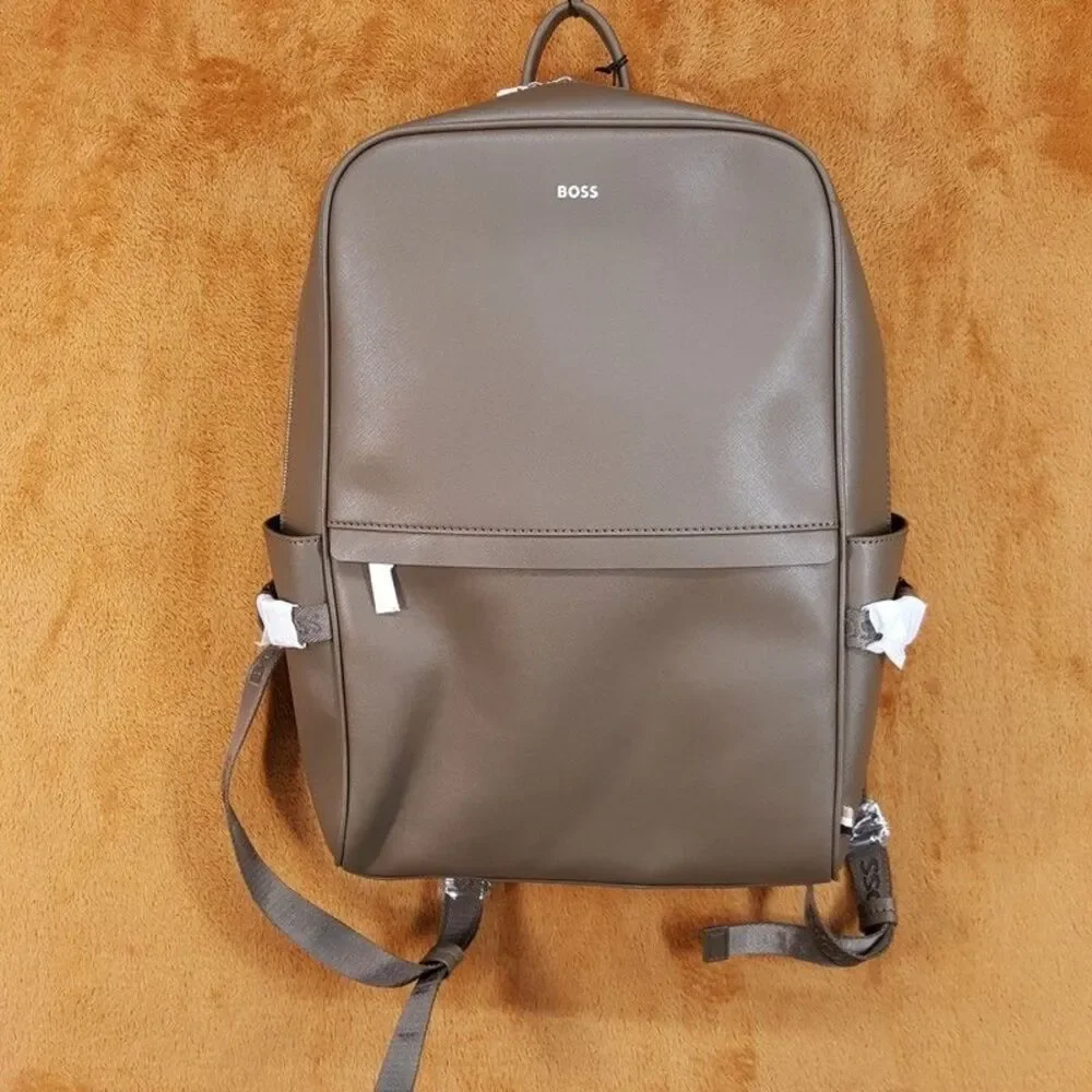 HUGO BOSS Mens Backpack Tan Brown Regenerated Leather ZAIR $299